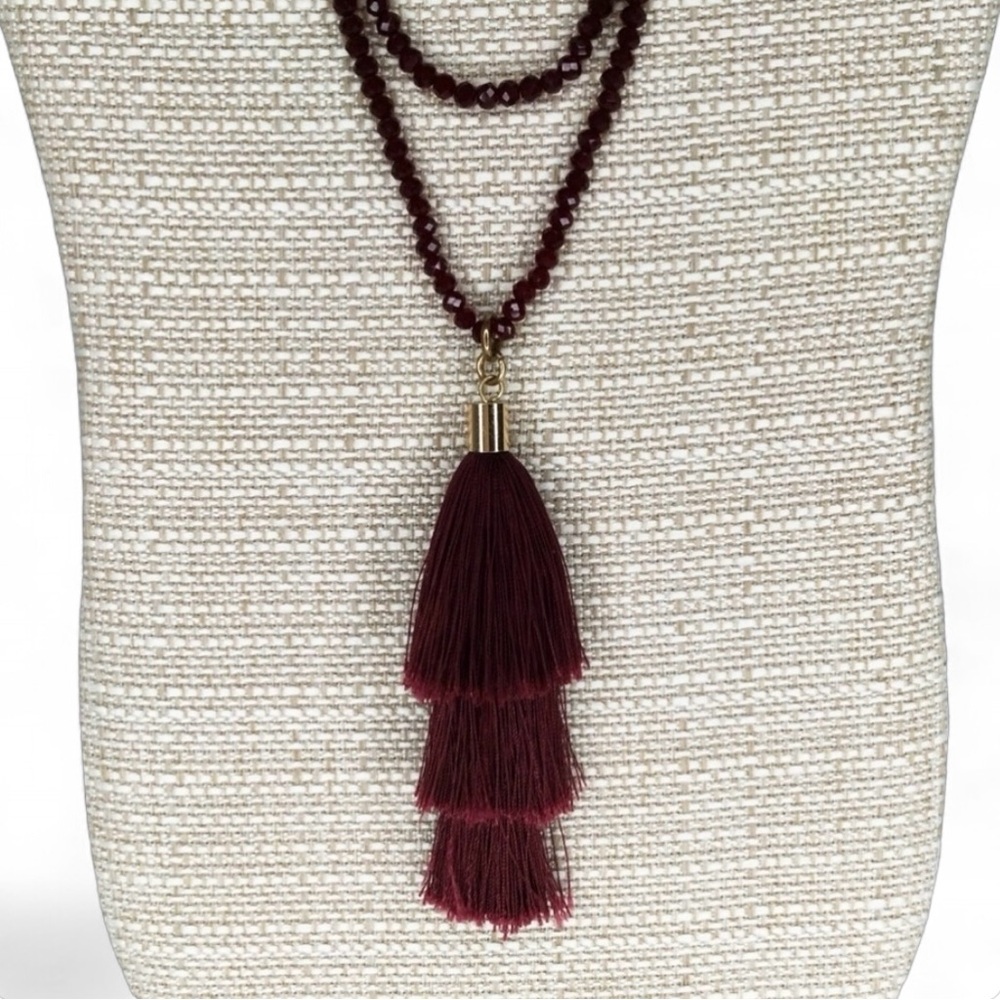 Vintage Garnet Red Sparkly Faceted Crystal Stacked Tassel Necklace – 36" Long - Picture 8 of 15